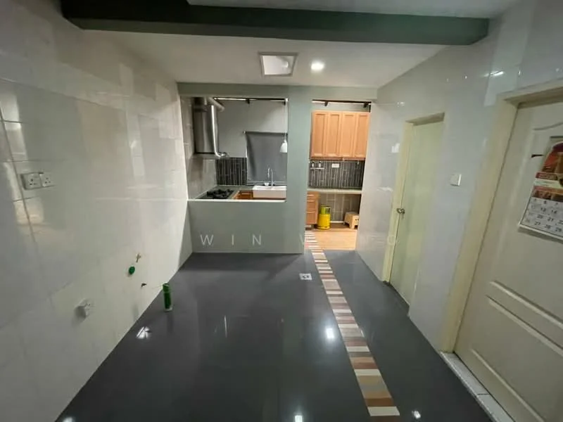 Kitchen features: grey polished tile flooring, white tiled walls, stainless-steel sink, chrome pull-down faucet, built-in oven, freestanding range oven, kitchen cabinetry in wood finish, black tiled backsplash, window with grey curtains, recessed ceiling lights, door leading to another room; style: modern.