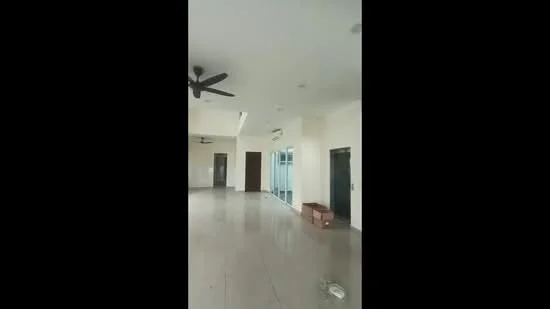 Room features: white painted walls, polished tile flooring, 5-blade ceiling fan, recessed downlights, sliding glass door, floor-to-ceiling windows, air conditioning unit, open layout; style: modern.