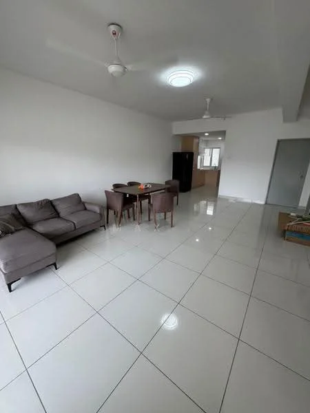 Living features: 3-seater fabric sofa in grey, dining table for 4 with wooden chairs, white painted walls, glossy white tile flooring, ceiling fan, recessed ceiling light, large windows for natural light, open layout; style: modern.