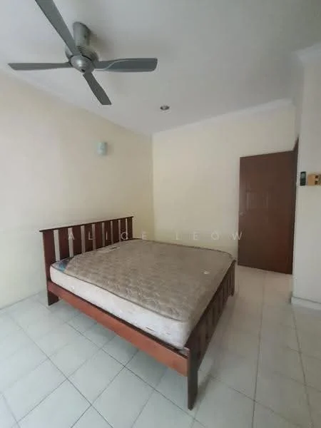 Bedroom features: queen-size bed frame without mattress, white painted walls, ceiling fan, built-in wardrobe, tile flooring, window with no visible treatment, light fixture on ceiling, neutral color scheme.