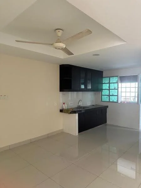 Kitchen features: white painted walls, glossy ceramic tile flooring, ceiling fan, black cabinetry, white countertop, single-bowl stainless-steel sink, chrome pull-down faucet, window with green view, tile backsplash, built-in oven, recessed downlights; style: modern; view: garden.