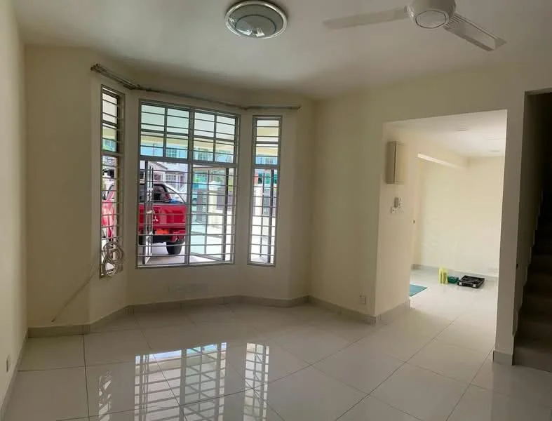 Living features: white painted walls, glossy white tile flooring, ceiling fan, large windows with horizontal slats, natural light from windows, corner window, neutral color palette, open layout; style: modern; view: street.