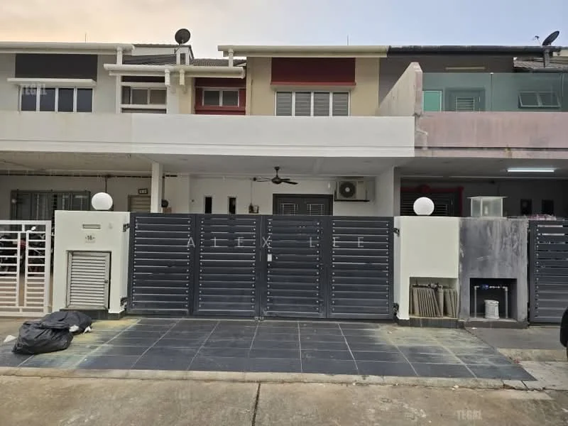 Exterior type: linked terrace house; features: grey painted facade, flat roof, double-storey, manicured lawn, paved driveway, security gate, outdoor ceiling fan, air conditioning unit visible, wall-mounted lighting, fence with horizontal slats; style: modern.