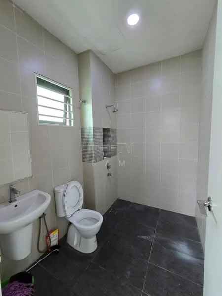 Bathroom features: grey tiled walls, black tiled flooring, single-sink vanity with wall-mounted faucet, one-piece toilet, walk-in shower with glass partition, rain shower head, window with horizontal slats, mirror above sink, shower wall with mosaic tile accent; style: modern.