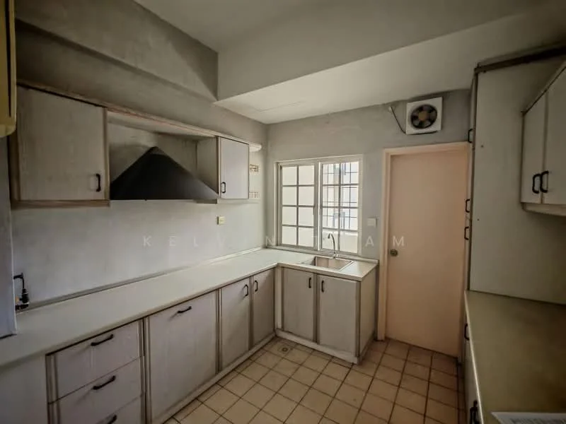 Kitchen features: white laminate cabinetry, grey countertop, single-bowl stainless-steel sink, chrome pull-down faucet, built-in range hood, tile flooring, window with grid pattern, wall-mounted fan, cream painted walls, door leading to another room.