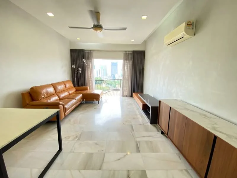 Living features: 3-seater leather sofa in brown, coffee table, TV console, marble flooring, ceiling fan, floor-to-ceiling windows, curtains, wall-mounted air conditioning unit, decorative wall, light fixtures; style: modern; view: city.