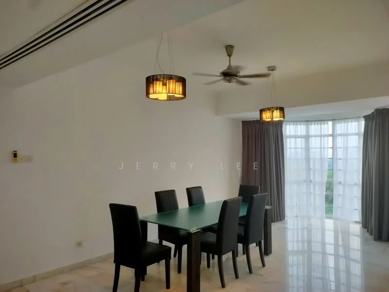Dining features: 6-seater dining table, black upholstered dining chairs, pendant lighting fixtures, 5-blade ceiling fan with light, floor-to-ceiling windows, sheer curtains, white painted walls, marble flooring; style: modern; view: garden.