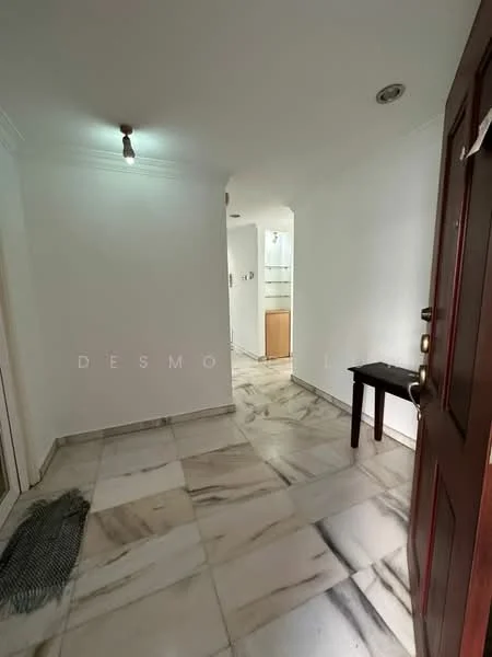 Room features: marble flooring, white painted walls, recessed ceiling lights, wooden door, small side table, doorway leading to another room; style: modern.