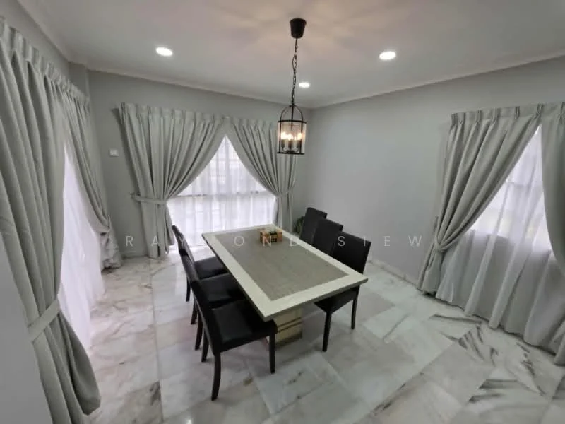 Dining features: marble tile flooring, grey painted walls, white sheer curtains, grey drapes, 6-seater dining table, black dining chairs, chandelier light fixture, recessed downlights, large windows, decorative table runner; style: modern.