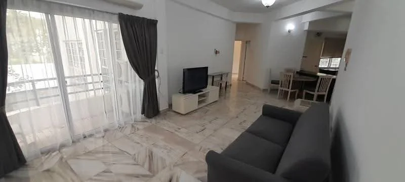 Living features: grey fabric sofa, marble tile flooring, floor-to-ceiling windows, sheer curtains, TV console, wall-mounted TV, dining table with chairs, recessed downlights, decorative wall, neutral painted walls; style: modern; view: garden.