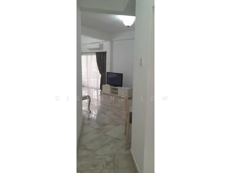 Living features: marble flooring, white painted walls, tray ceiling, floor-to-ceiling windows, curtains, wall-mounted TV, TV console, air conditioning unit, light fixture; style: modern.