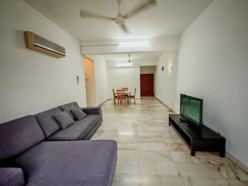Living features: 3-seater fabric sofa in grey, coffee table, wall-mounted TV, TV console, marble flooring, 1 wall-mounted split AC, ceiling fan, white painted walls, area rug; style: modern.