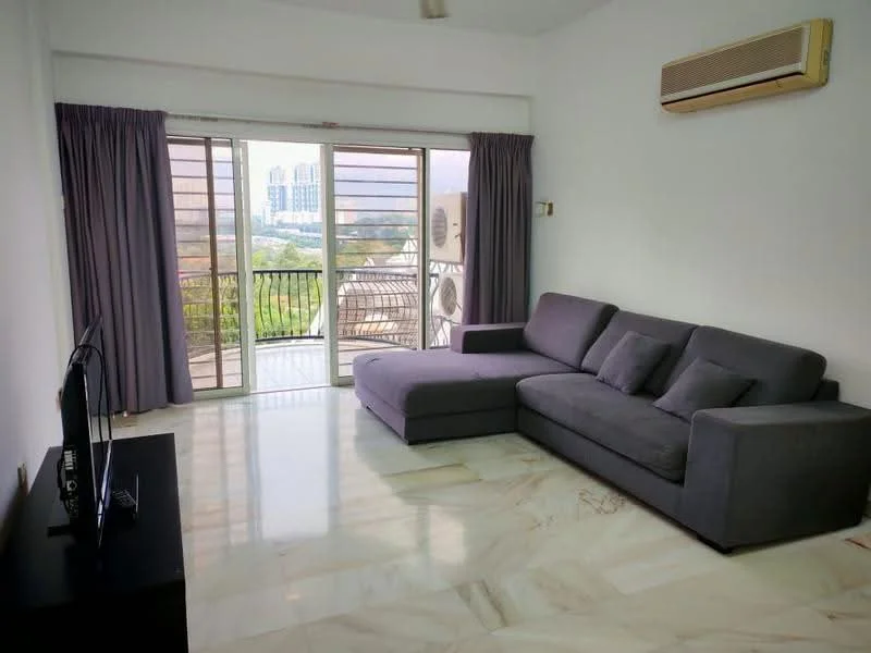 Living features: grey fabric L-shape sectional sofa, black TV console, wall-mounted TV, floor-to-ceiling sliding glass door, curtains in dark purple, marble tile flooring, 1 wall-mounted split AC, decorative wall with no visible artwork; style: modern; view: city.