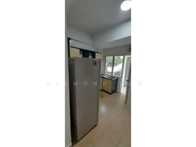 Kitchen features: stainless-steel fridge, white cabinetry, black countertop, single-bowl stainless-steel sink, chrome pull-down faucet, window with view to outside, tile flooring, recessed ceiling lights; style: modern; view: garden.