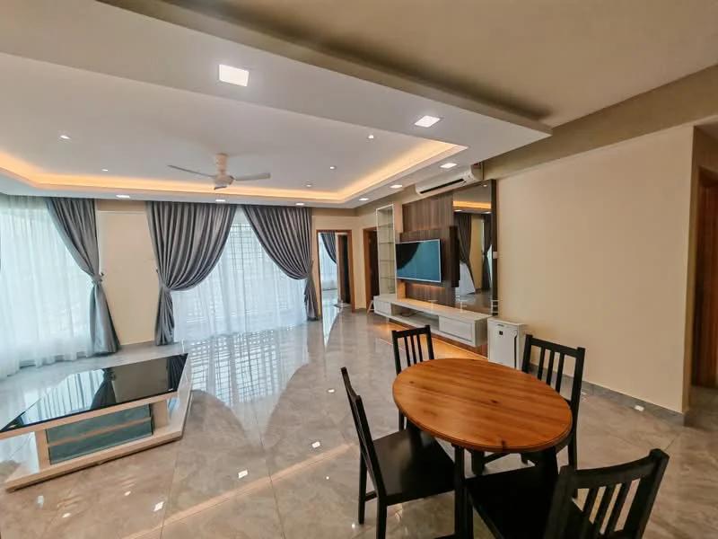 Living features: marble tile flooring, white painted walls, tray ceiling with recessed lighting, 5-blade ceiling fan, floor-to-ceiling windows with sheer curtains, curtains in grey fabric, wall-mounted TV, entertainment unit, glass coffee table, round wooden dining table, 4 black dining chairs, air conditioning unit; style: modern.