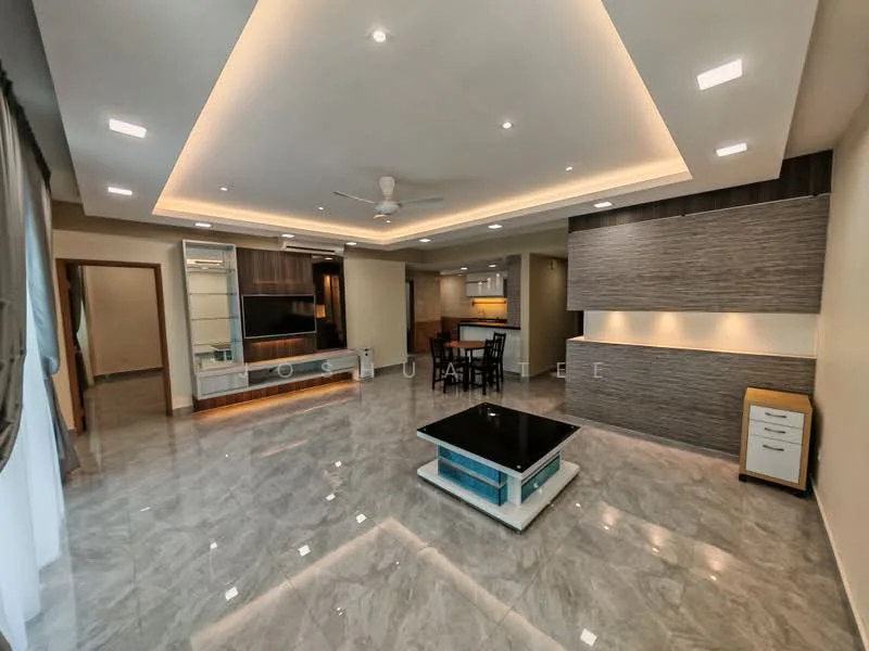 Living features: marble tile flooring, recessed downlights, 5-blade ceiling fan with light, wall-mounted TV, TV console, coffee table with glass top, built-in cabinetry with wood finish, open layout to kitchen, large windows with sheer curtains, decorative wall with textured finish, dining area with dining table, neutral wall color; style: modern.