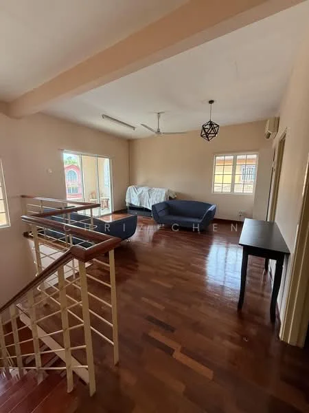 Living features: wooden flooring, white painted walls, ceiling fan, large windows, two blue sofas, decorative pendant light, staircase, table against wall; style: modern.