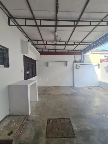 Room features: concrete flooring, white painted walls, metal ceiling with exposed beams, ceiling fan, open layout, wall-mounted shelf, basketball hoop, large windows, natural light, drainage grate; style: minimalist.