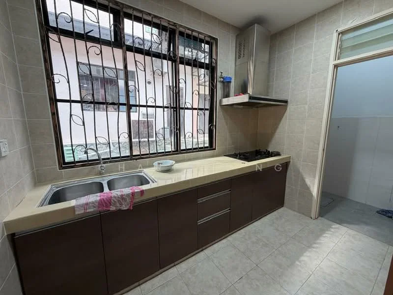 Kitchen features: double-bowl stainless-steel sink, chrome pull-down faucet, laminate countertop, brown cabinetry, built-in gas hob, exhaust hood, ceramic tile flooring, wall-mounted window with security bars, light-colored tiled walls, open layout to adjacent room; style: modern. Room features: white tiled walls, floor-to-ceiling tiles, doorway leading to another room.