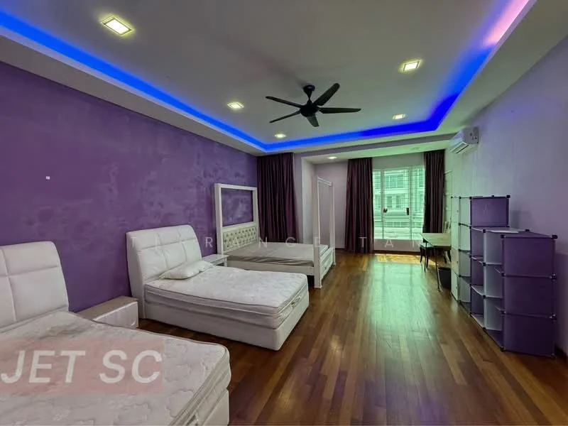 Bedroom features: purple painted walls, wooden flooring, 5-blade ceiling fan with light, recessed LED downlights, floor-to-ceiling windows, sheer curtains, two white upholstered beds, built-in wardrobe, open shelving unit; style: modern.