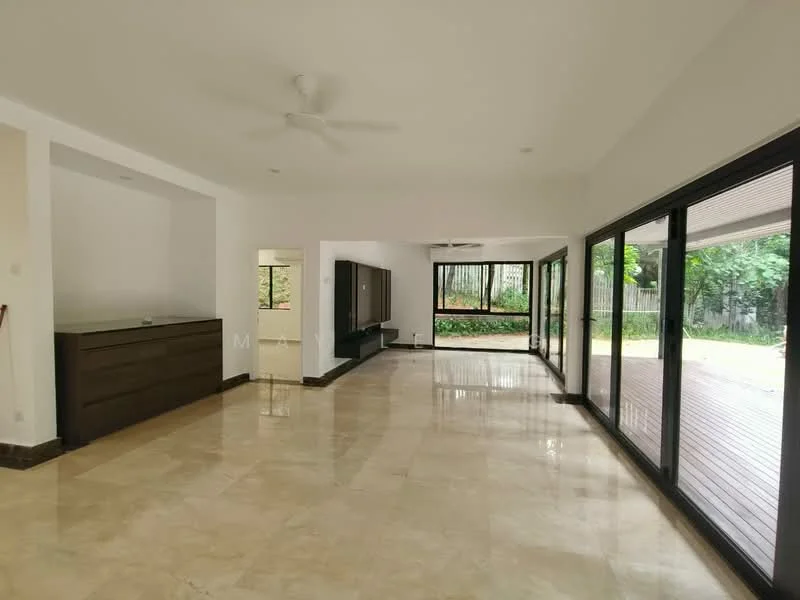Living features: marble tile flooring, white painted walls, 5-blade ceiling fan, floor-to-ceiling windows, sliding glass doors, built-in TV console, open layout, natural light, view of garden, recessed lighting; style: modern; view: garden.