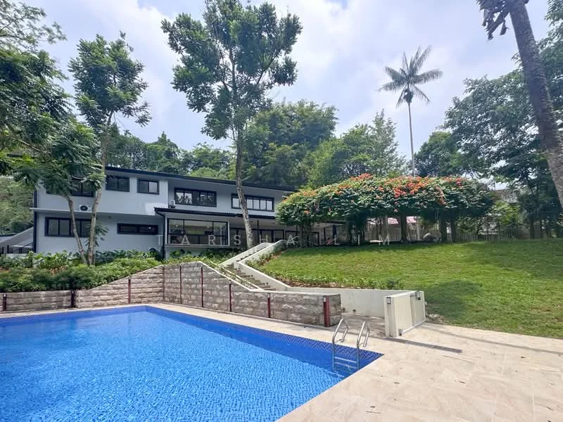 Exterior type: detached bungalow; features: swimming pool, landscaped garden, manicured lawn, mature trees, outdoor seating area, stone-paved walkway, two-storey building, large windows, balcony, pool deck with loungers; style: modern.