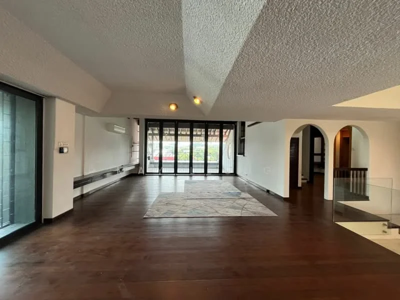 Living features: wood flooring, textured ceiling, recessed lighting, large floor-to-ceiling windows, sliding glass doors, open layout, area rug, white painted walls, arched doorways, air conditioning unit; style: modern; view: garden.