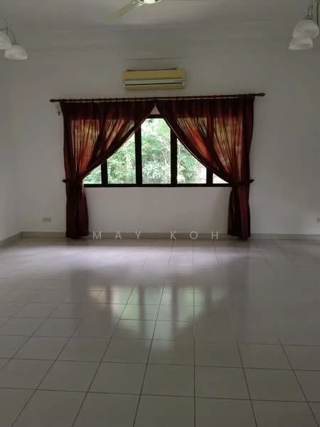 Living features: white painted walls, ceramic tile flooring, ceiling fan, large windows, red curtains, air conditioning unit, natural light, neutral decor; view: garden.