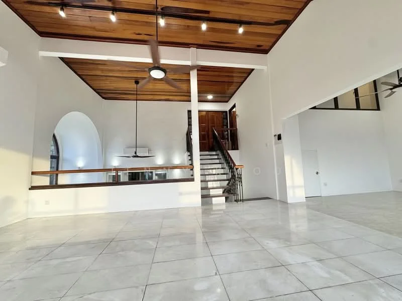 Living features: high ceiling with wooden beams, white painted walls, polished concrete flooring, 5-blade ceiling fan with light, large arched window, open layout, staircase with wooden railing, recessed LED downlights; style: modern.
