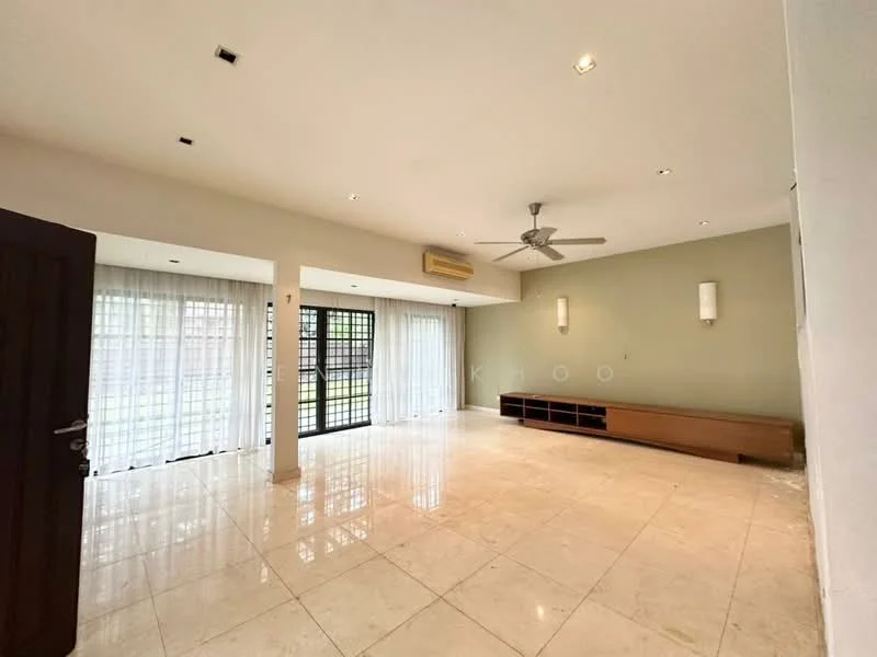 Living features: marble tile flooring, cream painted walls, exposed ceiling with recessed downlights, 5-blade ceiling fan, floor-to-ceiling windows, sliding glass door, sheer curtains, built-in TV console, wall-mounted lighting fixtures; style: modern; view: garden.