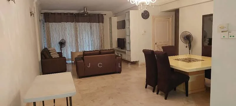 Living features: cream painted walls, marble tile flooring, 5-blade ceiling fan, chandelier, sofa set in brown leather, 2-seater fabric sofa, TV console, wall-mounted TV, area rug, dining table with yellow top, 4 upholstered dining chairs, white side table; style: contemporary.