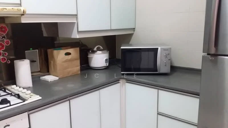 Kitchen features: light blue cabinetry, grey countertop, stainless-steel sink, 4-burner gas hob, built-in oven, microwave, rice cooker, paper towel holder, paper bag, tile backsplash; style: modern.