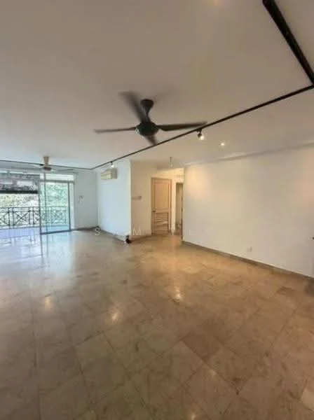 Living features: marble tile flooring, white painted walls, 5-blade ceiling fan, recessed downlights, floor-to-ceiling windows, sliding glass door, balcony access, air conditioning unit; style: modern; view: garden.