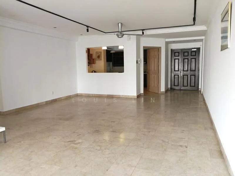 Living features: cream marble tile flooring, white painted walls, tray ceiling, recessed downlights, 5-blade ceiling fan, large opening to kitchen, double-door main entrance, decorative wall art, natural light from windows; style: modern.