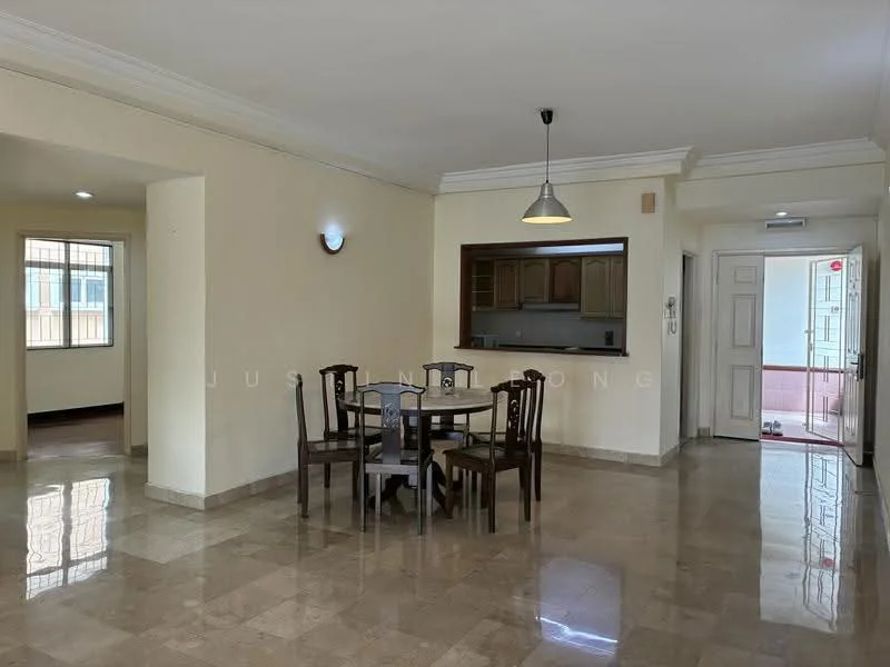 Dining features: marble tile flooring, cream painted walls, ceiling light fixture, 4-seater dining table, wooden dining chairs, open layout to living area, window with natural light, doorway leading to hallway; style: modern. Hallway features: cream painted walls, marble tile flooring, door leading outside, window with natural light; style: modern.