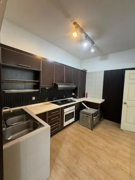 Kitchen features: dark wood cabinetry, white countertop, single-bowl stainless-steel sink, chrome pull-down faucet, built-in oven, freestanding range oven, exhaust hood, ceramic tile backsplash, washing machine, recessed downlights, light wood flooring, open shelving; style: modern.