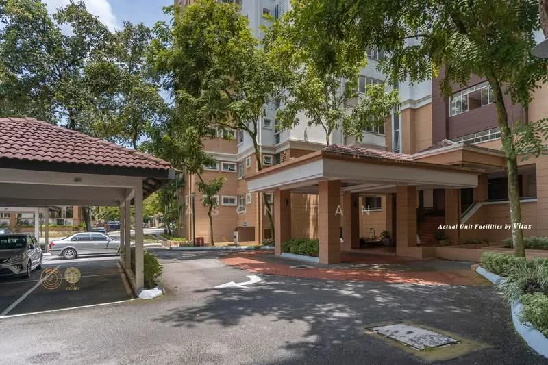 Exterior type: low-rise apartment block; features: covered car porch, manicured landscaping, paved driveway, entrance canopy, multiple storey building, surrounded by trees, parking spaces visible; style: modern.