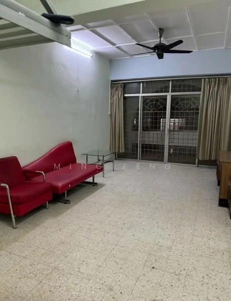 Living features: red 2-seater sofa, glass coffee table, ceiling fan, white painted walls, tile flooring, curtains, sliding glass door, grille window.