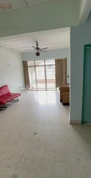 Living features: red fabric sofa, coffee table, floor-to-ceiling windows, curtains, ceiling fan, light-colored walls, tile flooring, natural light.