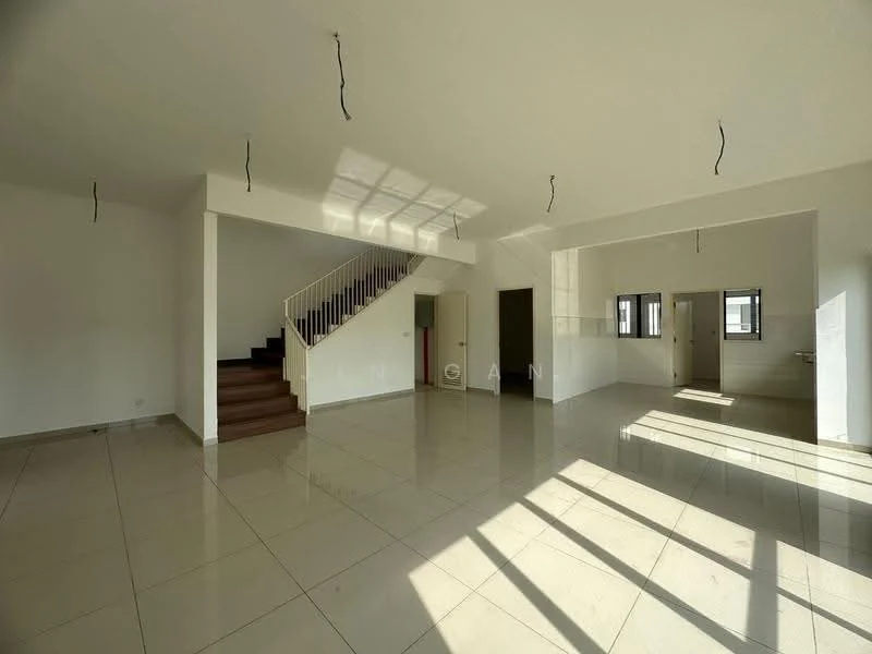 Living features: white painted walls, polished ceramic tile flooring, large windows, natural light streaming in, staircase leading to upper floor, ceiling with exposed wiring, open layout, high ceiling; style: modern. Room features: white painted walls, polished ceramic tile flooring, large windows, natural light streaming in, open layout, high ceiling.