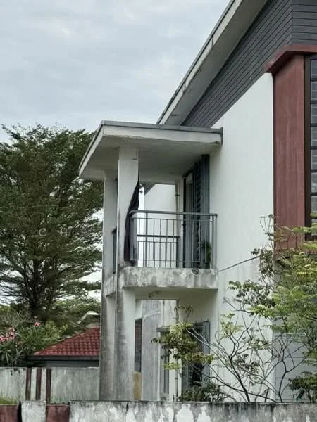 Exterior type: semi-detached house; features: white painted facade, grey accent wall, balcony with railing, flat roof, surrounded by greenery, mature trees, manicured lawn; style: modern.