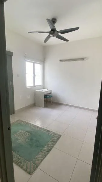 Room features: white painted walls, ceiling fan, floor-to-ceiling window, tile flooring, desk, area rug with geometric pattern, light fixture, window treatment; style: minimalist.