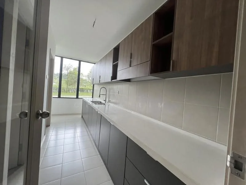 Kitchen features: single-bowl stainless-steel sink, chrome pull-down faucet, white quartz countertop, dark grey lower cabinets, wood upper cabinets, tile backsplash, ceramic tile flooring, floor-to-ceiling windows, natural light from windows, open shelving, built-in cabinets; style: modern; view: garden.