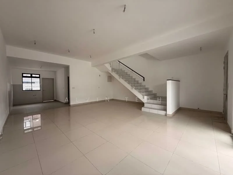 Room features: white painted walls, polished ceramic tile flooring, staircase with white railing, large windows providing natural light, open layout, high ceiling, no visible furniture, neutral color scheme; style: modern.