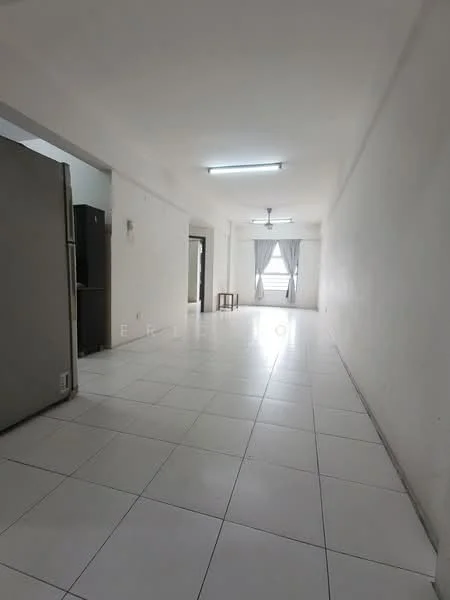 Room features: white painted walls, white ceiling, tile flooring, recessed ceiling lights, ceiling fan, large window with sheer curtains, open layout, fridge, table, doorway leading to another room; style: minimalist.