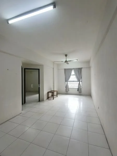 Room features: white painted walls, white tiled flooring, ceiling fan, window with sheer curtains, 2-panel sliding door, natural light from window, minimalist decor, empty space; style: minimalist.