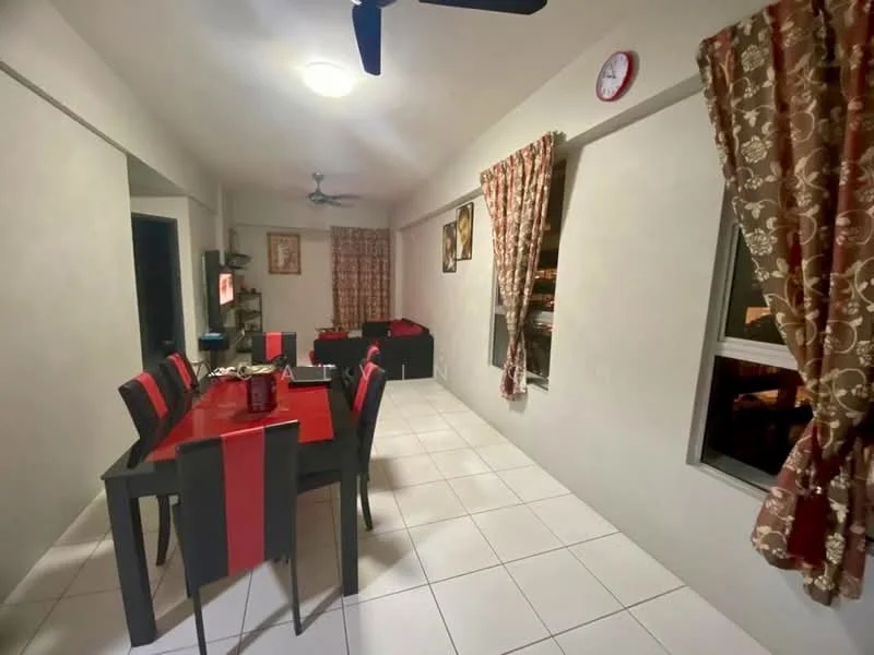 Dining features: dining table with red and black tablecloth, 4 dining chairs with red and black upholstery, wall-mounted TV, ceiling fan, white tiled flooring, cream painted walls, curtains with floral pattern, decorative wall art, clock on the wall, windows with sheer curtains; style: modern.