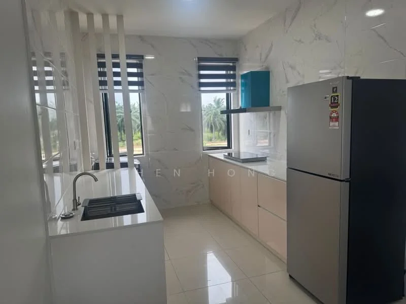 Kitchen features: white marble backsplash, light beige cabinetry, stainless-steel fridge, stainless-steel sink, chrome pull-down faucet, built-in countertop with stove, window with horizontal blinds, white tiled flooring, open shelving, view of palm trees outside; style: modern; view: garden.
