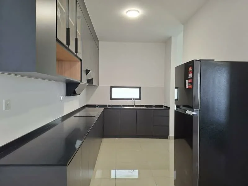 Kitchen features: black granite countertop, black cabinetry with flat-panel design, stainless-steel fridge, built-in oven, single-bowl stainless-steel sink, chrome pull-down faucet, ceramic tile flooring, recessed downlights, window above sink, open shelving, drawer storage, wall-mounted cabinets; style: modern.