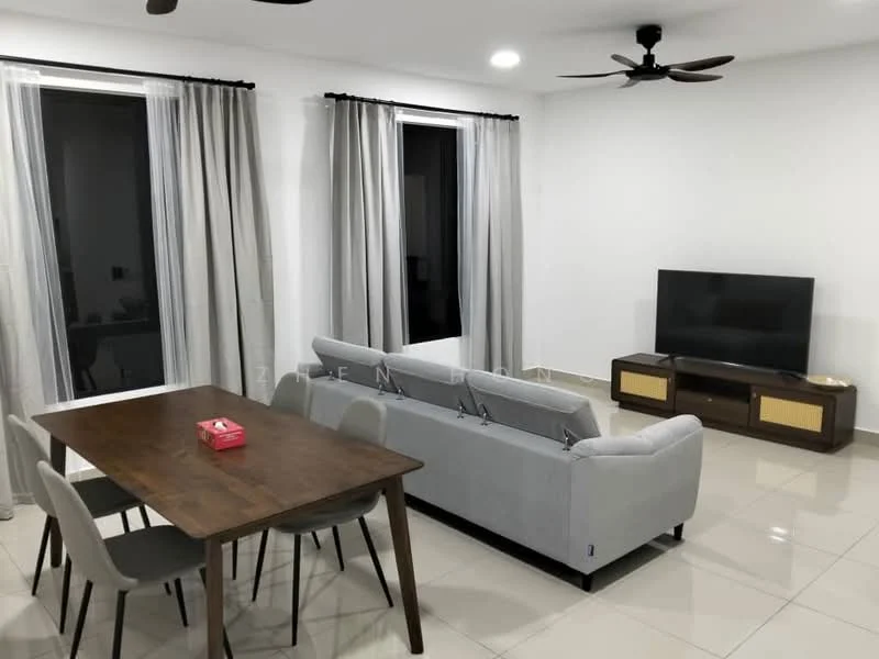 Living features: 3-seater fabric sofa in grey, wooden dining table, 4 upholstered dining chairs, wall-mounted TV, TV console with storage, light-colored tiled flooring, white painted walls, ceiling fan with light, floor-to-ceiling windows with sheer curtains, recessed downlights; style: modern.